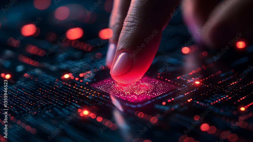 Wall mural a finger touches a glowing circuit board. it suggests technological innovation data processing and t