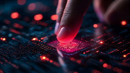A finger touches a glowing circuit board. It suggests technological innovation data processing and the future of computing and human interaction with technology.