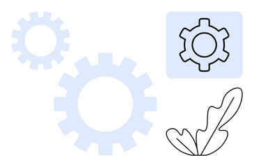 Gears of varying sizes in light blue, framed gear in outlined square, black outlining of a simple leaf. Ideal for teamwork, efficiency, engineering, innovation, process, nature integration