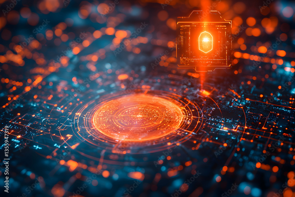 Poster abstract digital circuit design with glowing red and blue elements creating an futuristic tech aesth