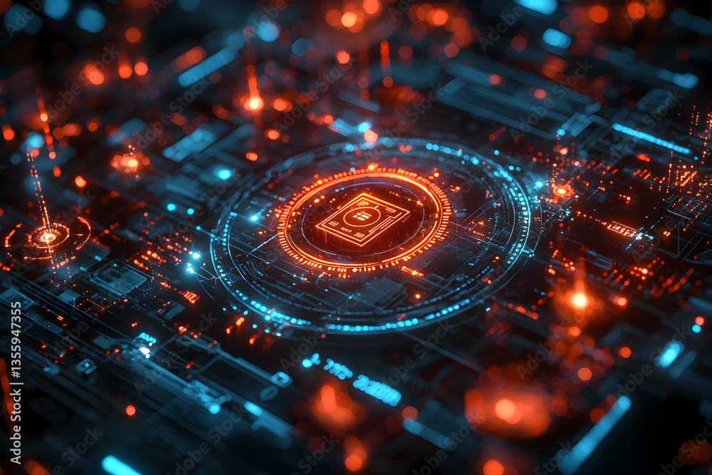 Poster abstract digital artwork showing interconnected circuits with glowing lines and a central data proce