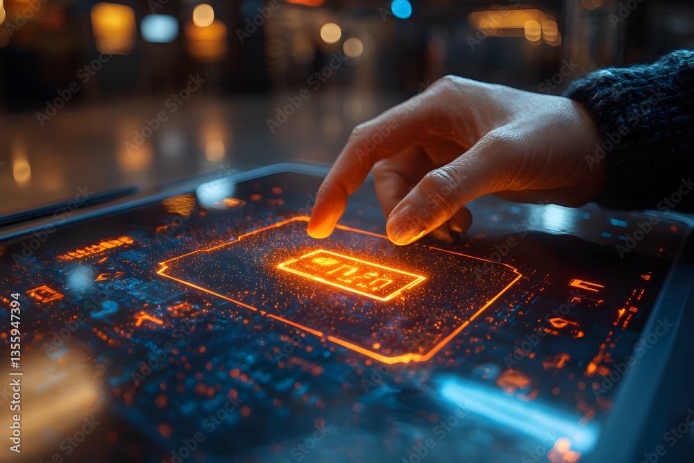 Poster a glowing touchscreen interface is touched by a finger suggesting a data control concept. ideal for 