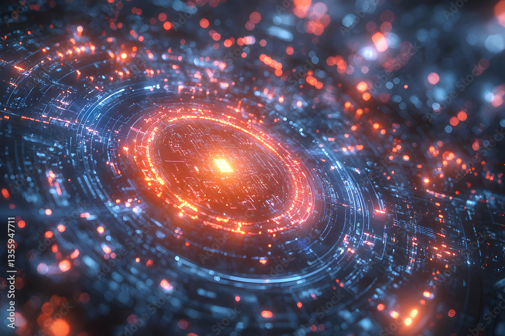 Poster abstract digital art featuring glowing concentric circles representing data streams and a central fo