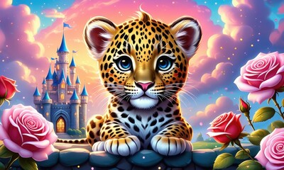 Adorable leopard cub with enchanted castle and roses in dreamy fantasy setting