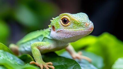 Fototapeta premium Chinese water dragon is resting on green leaves