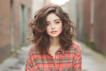 Fototapeta premium Young Woman for City Alley, Portrait, Red Plaid.