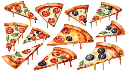 Naklejka premium Watercolor Pizza Slices with Melted Cheese and Toppings