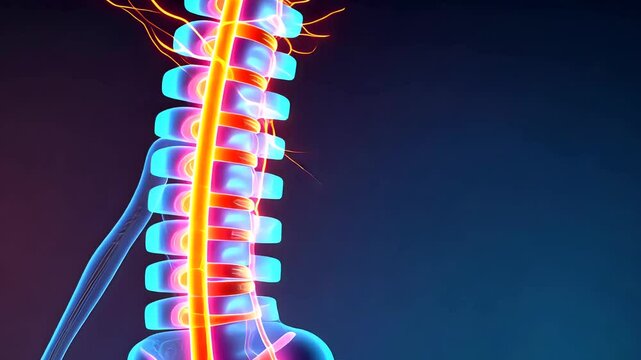 3D rendered glowing spine medical animation with nerves and vertebrae loop
