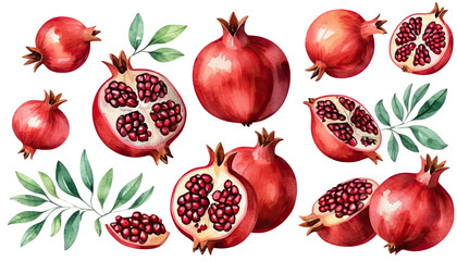 Watercolor Pomegranates with Green Leaves on Transparent Background