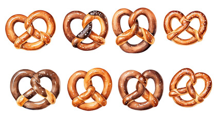 Watercolor Pretzel Collection Brown Golden Baked Food Variety