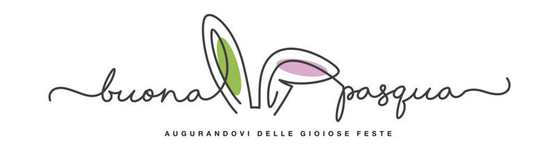 Happy Easter greeting card on Italian language. Easter rabbit ears in the middle of handwritten calligraphy lettering line design on a white background