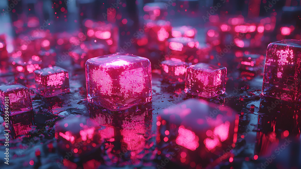 Poster futuristic scene of glowing pink cubes on a dark surface. this image is ideal for sci-fi concepts vi