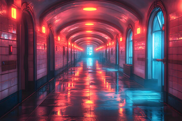 A neon-lit hallway with red and blue hues creates a moody cyberpunk atmosphere. Perfect for album art or a futuristic game backdrop.
