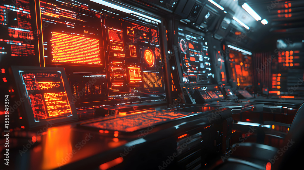 Poster futuristic control room with glowing displays showcasing data and complex systems. ideal for sci-fi 