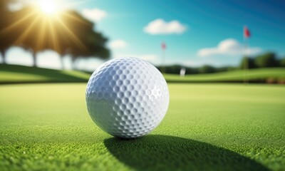 Obraz premium Golf ball on lush green with sunlit background