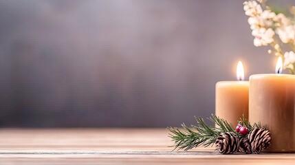 Two lit candles with pine cones and greenery on a wooden surface