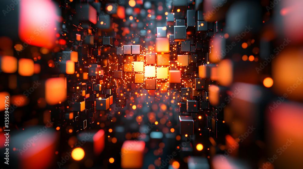Poster an abstract digital artwork depicting glowing cubes and particles. suitable for data visualization f