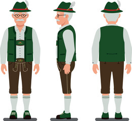 Elderly man in traditional Bavarian attire showcasing front, side, and back views in a detailed flat vector illustration