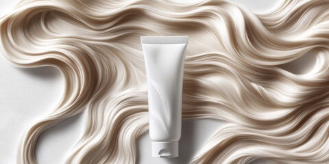 Product tube rests against luxurious flowing waves of blonde hair