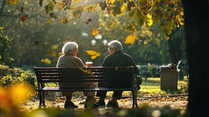 In a serene park, two older adults relax on a bench. The autumn leaves create a warm atmosphere. This image captures love and joy in peaceful companionship. Generative AI