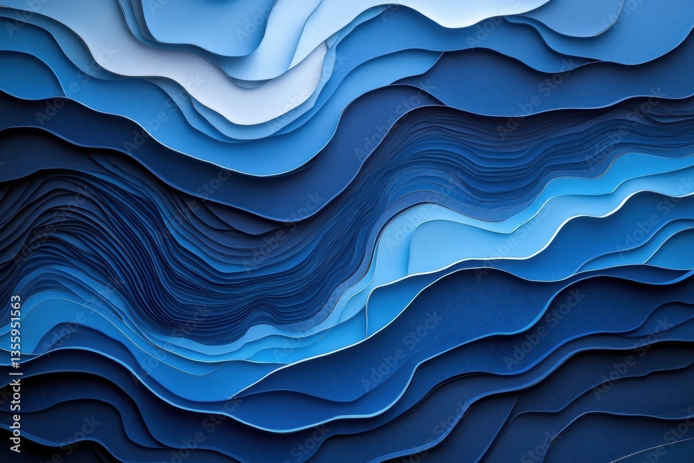 Aufkleber dynamic abstract paper cut design showcasing layered water waves with deep blue hues and smooth grad