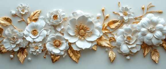 exquisite embossed white floral arrangement with golden leaves on a serene pastel backdrop