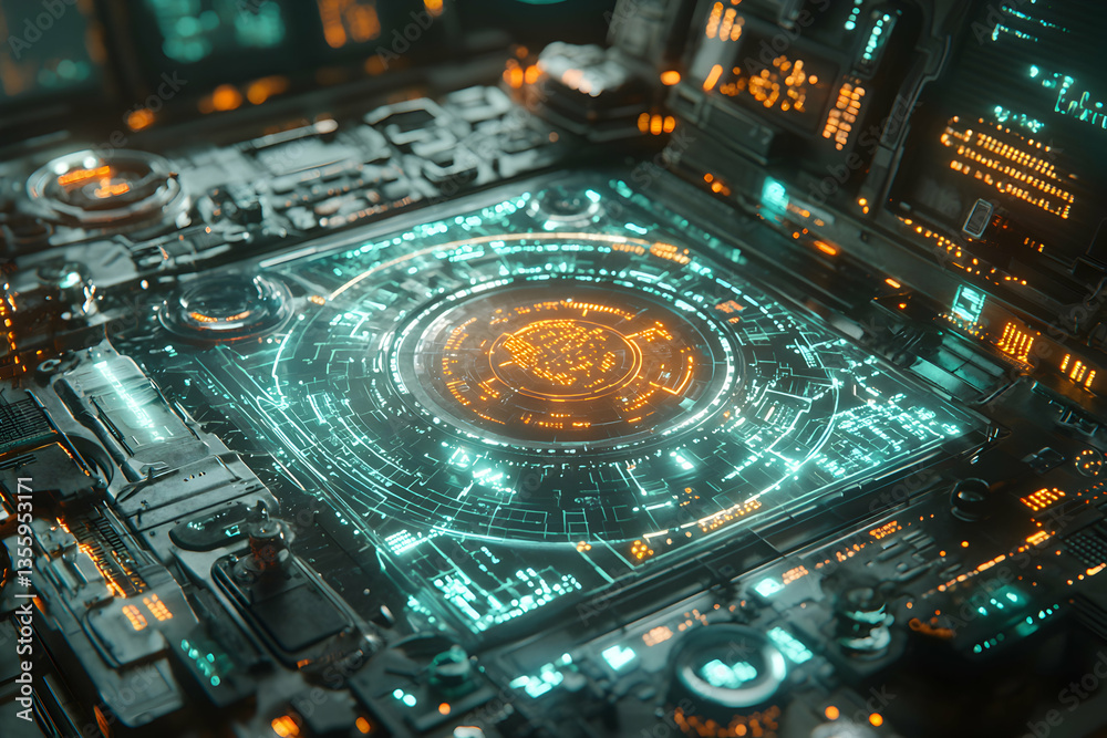 Poster futuristic control panel with glowing circuits and digital displays. suggests data analysis or a hig