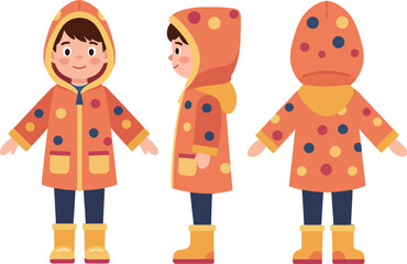 Fototapeta premium Cheerful child in polka-dotted raincoat and boots, standing in three views, minimal and colorful design, vector illustration