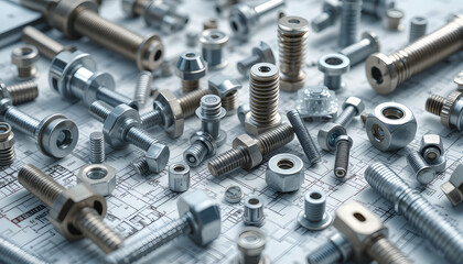 An arrangement of various metallic screws and bolts on engineering blueprints