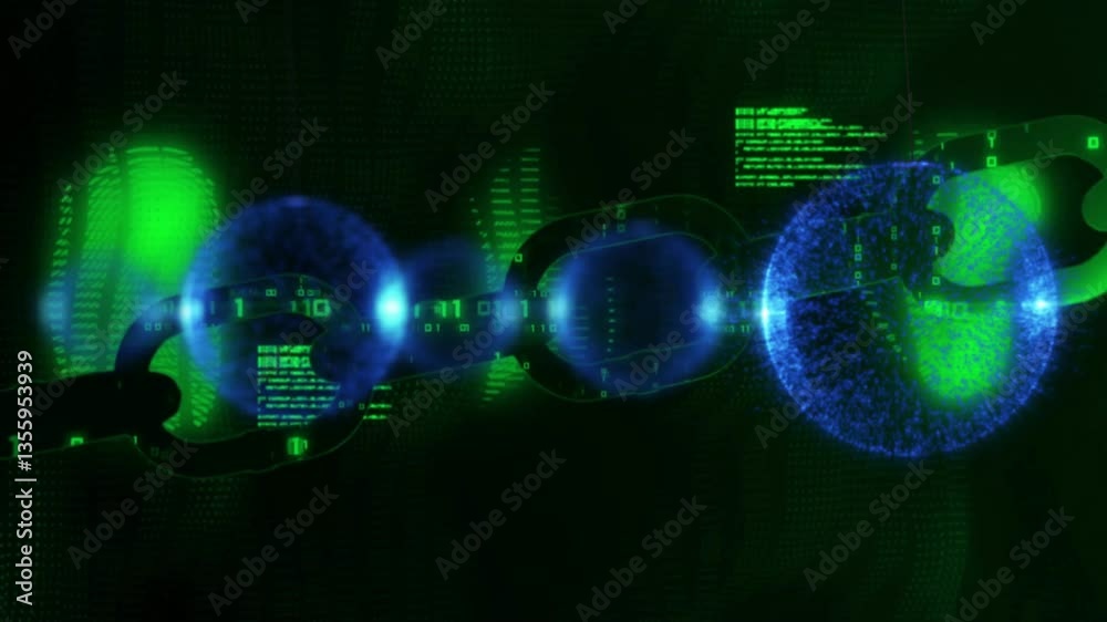 Poster glowing blue and green digital chain links with binary code and animation