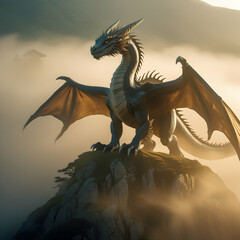Majestic Dragon Standing on Mountain Peak in Misty Golden Light