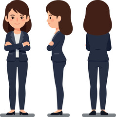 Fototapeta premium Confident businesswoman in three poses wearing a navy suit, minimal vector illustration showcasing professionalism and poise in a clean design style, vector art