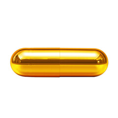 a golden-yellow, polished, metallic capsule pill, with smooth, rounded edges and a reflective surface