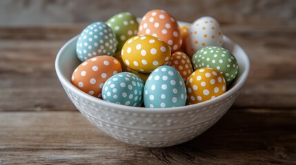 Colorful easter eggs in a bowl on wooden table festive decor rustic atmosphere close-up view