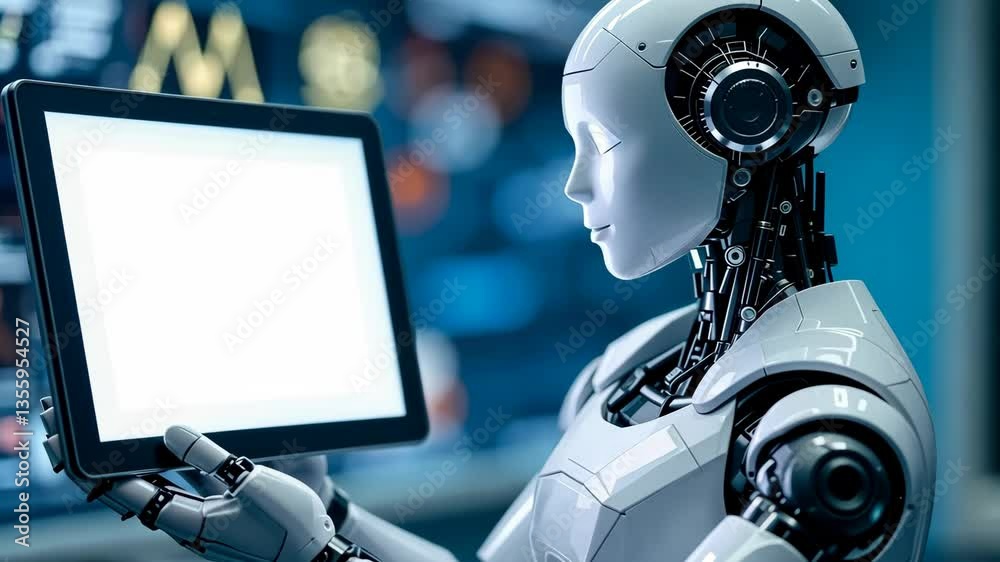 Poster futuristic ai robot analyzing data on digital tablet in hightech environment