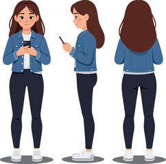 Fototapeta premium Young woman in a denim jacket and black pants, standing in three poses, flat vector illustration showcasing casual style and modern smartphone usage