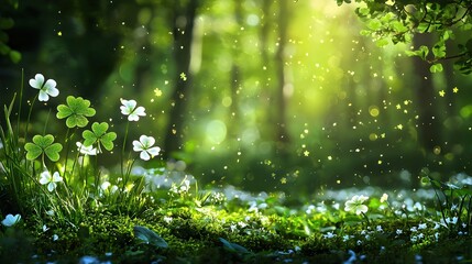 Tranquil Green Forest Scene with Bright Flowers and Soft Light