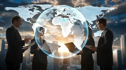 Business people discuss global solutions in city skyline - Powered by Adobe