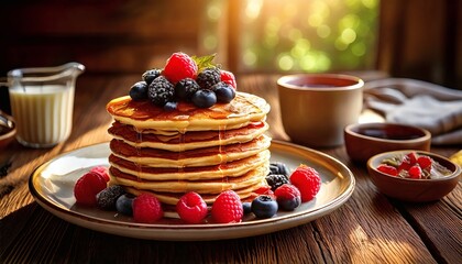 Pancakes with berries and raspberry jam topped with cream and fresh fruit