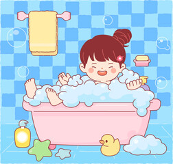 Children, Bath, Shampoo, Bubble, Bathroom, Clean, Hygiene, Cute, Character, Wash, Bath Supplies, Character, Vector