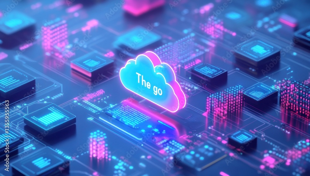 Wall mural futuristic network depicting cloud computing innovation with neon glow and circuit connections