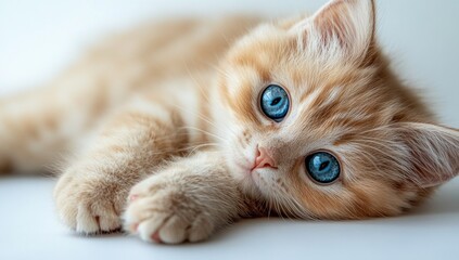 portrait of a cute orange tabby kitten with striking blue eyes lying down looking curious and playful