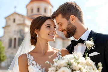 Bride and groom sharing a moment of joy after getting married in a church