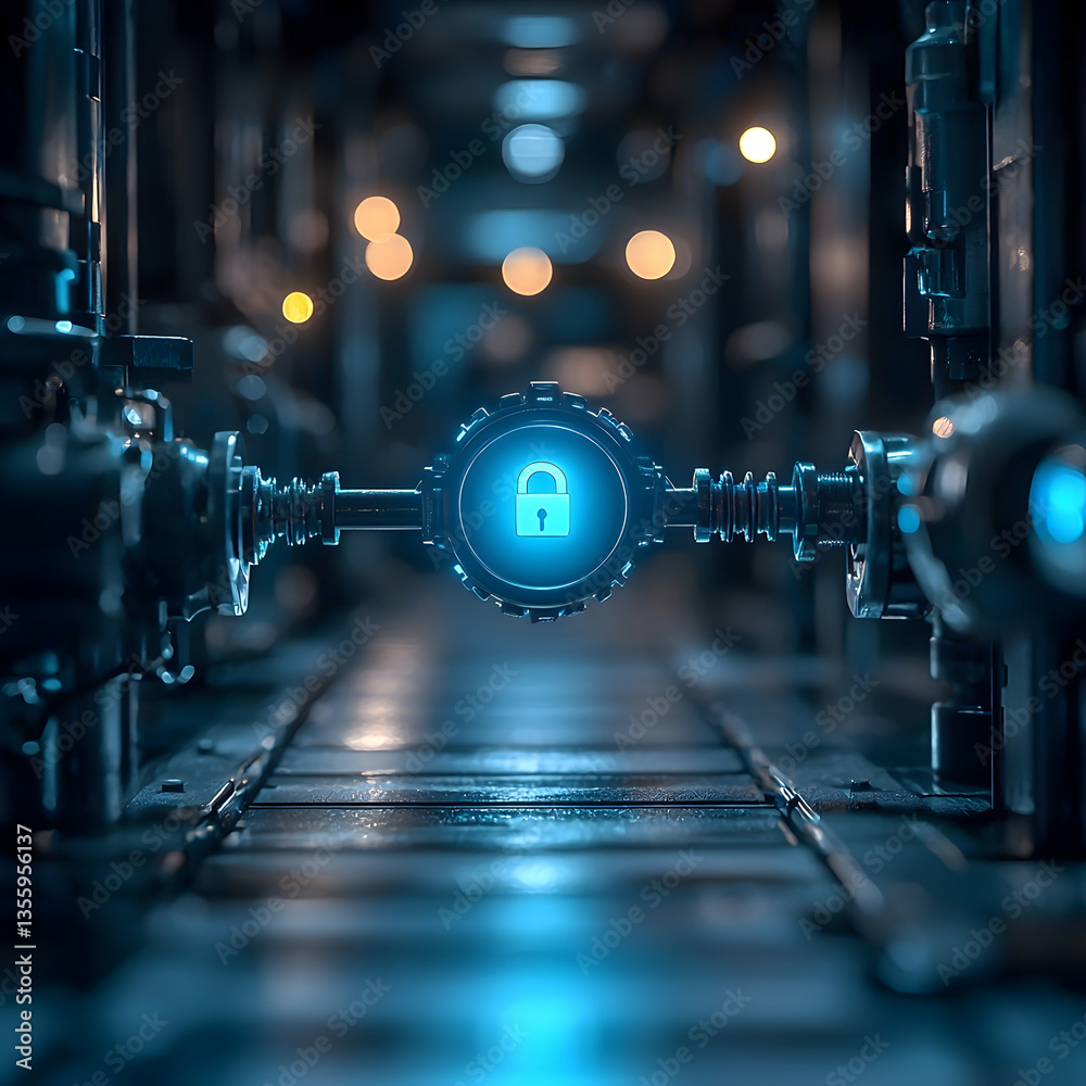 Poster cybersecurity concept with a glowing lock symbolizing secure data transmission. suitable for represe
