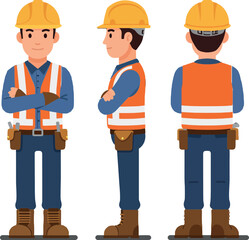Construction worker character in flat design showcasing three views, wearing safety gear and a hard hat, exuding professionalism and readiness in vector art