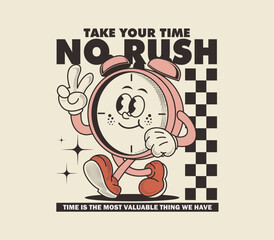 Retro cartoon alarm clock character in a playful vintage comic style with halftone effects. Ideal for stickers, posters, T-shirt designs, and prints. Vector illustration