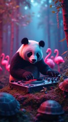 Panda at the disco among the flamingos