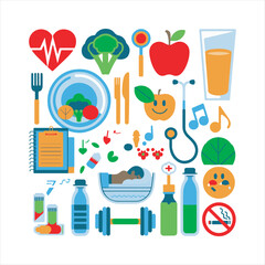 Healthy Lifestyle Icons Set,Wellness and Fitness Flat Icons,Medical and Health Care Symbols,Nutrition and Exercise Vector Icons,Flat Design Health and Wellness Icons