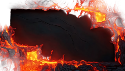 Burning lava frame around dark stone texture, dramatic fiery scene