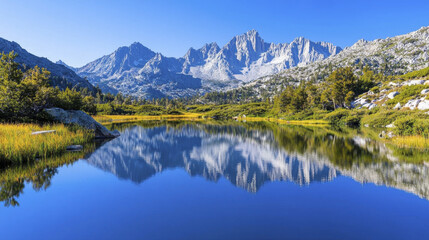 stunning alpine lake reflects majestic mountains under clear blue sky